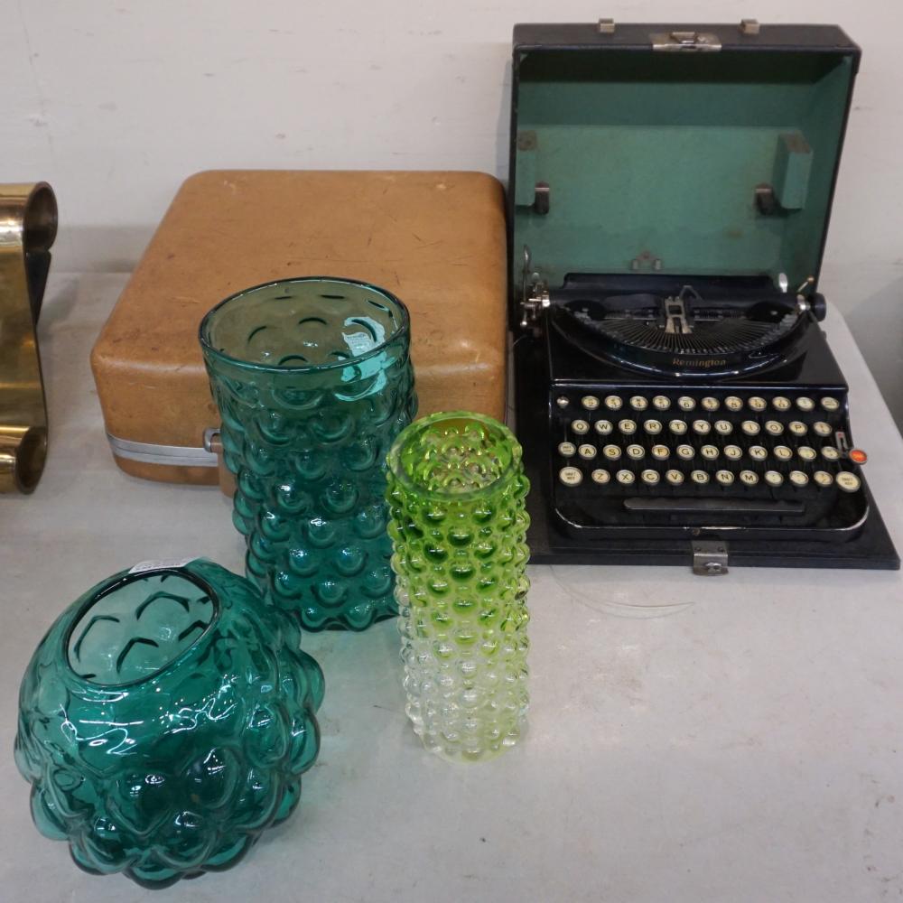 Appraisal: Three Green Teal Blenko-Type Glass Vessels with Two Remington and