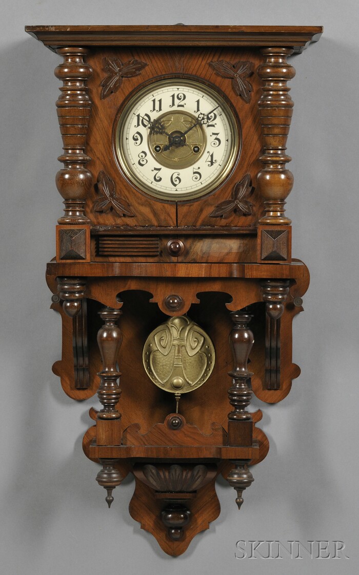 Appraisal: Walnut German Wall Clock with turned and carved decorated case