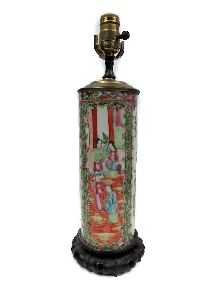 Appraisal: Rose Medallion Vase Mounted as a Lamp Cylinder form painted