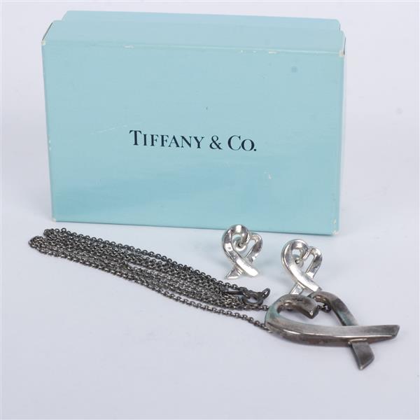 Appraisal: Tiffany Co Sterling Silver Ribbon Heart Pendant Pierced Earrings w