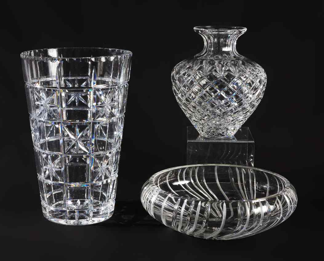 Appraisal: MODERN CUT GLASS piece group to include a tall vase