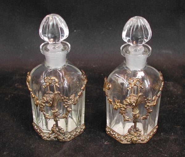 Appraisal: Diminutive Pair of French Gilt-Brass-Mounted Panel-Cut Glass Scent Bottles ca