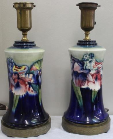 Appraisal: MOORCROFT Pair of Vintage Porcelain Lamps The lamps the porcelain