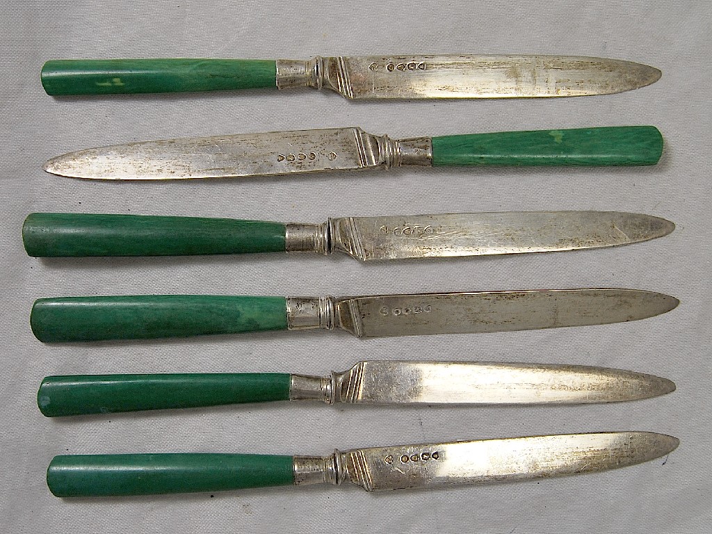 Appraisal: Half dozen silver bladed dessert knives having green stained ivory