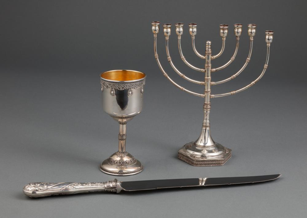 Appraisal: Group of Judaica incl silver menorah unmarked h in silverplate