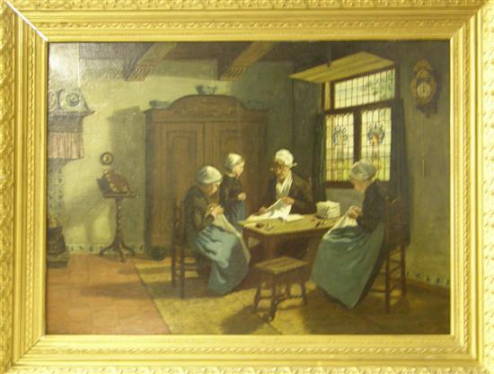 Appraisal: Dutch oil on canvas interior scene with women sewing unsigned