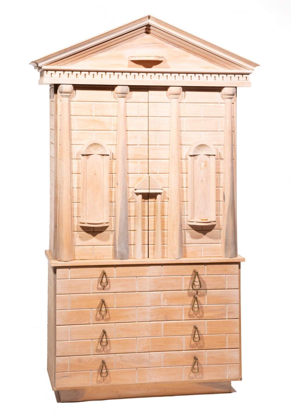 Appraisal: Mario Villa Nicaraguan New Orleans - Pickled Mahogany Temple-Form Cabinet-on-Chest