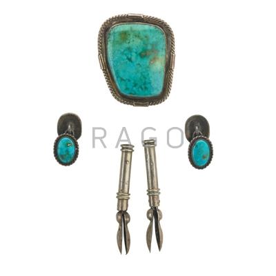 Appraisal: FRED PESHLAKAI JEWELRY Silver and turquoise bolo and cufflinks th