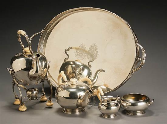 Appraisal: Austrian Silver Four-Piece Tea Service and Associated Tray The tea