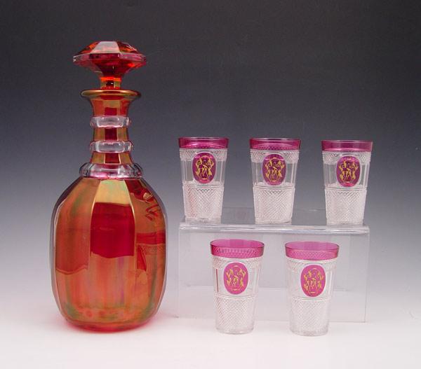 Appraisal: FINE CRANBERRY GLASS DECANTER AND TUMBLERS Cut glass cordial tumblers