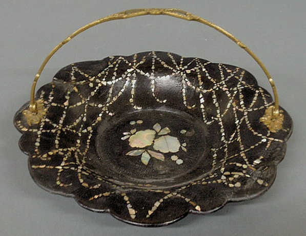 Appraisal: English black papier-m ch basket late th c with mother-of-pearl