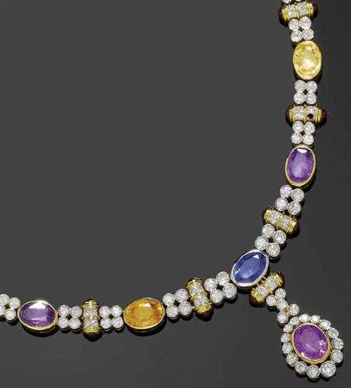 Appraisal: MULTICOLOR SAPPHIRE AND BRILLIANT-CUT DIAMOND NECKLACE Yellow gold Very stylish