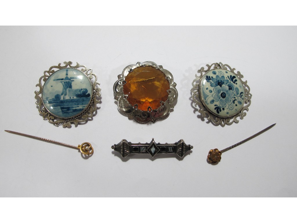 Appraisal: Lot comprising two silver mounted Delft brooches a Scottish silver