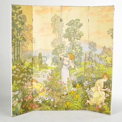 Appraisal: ART NOUVEAU Four panel wallpaper dressing screen early th c