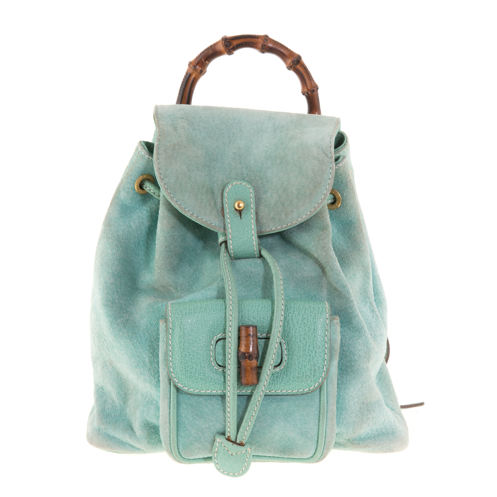 Appraisal: A GUCCI BAMBOO BACKPACK PM A mint green suede vintage