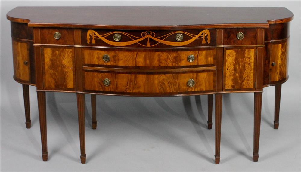 Appraisal: HEPPLEWHITE STYLE MAHOGANY AND MARQUETRY SIDEBOARD having a serpentine front