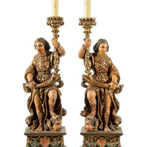 Appraisal: A Pair of Continental Carved Painted and Parcel Gilt Figural