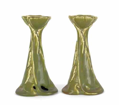 Appraisal: Pair of Rookwood pottery candlesticks h