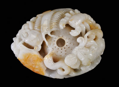 Appraisal: Chinese hardstone carving pale gray-green stone with russet areas creatures