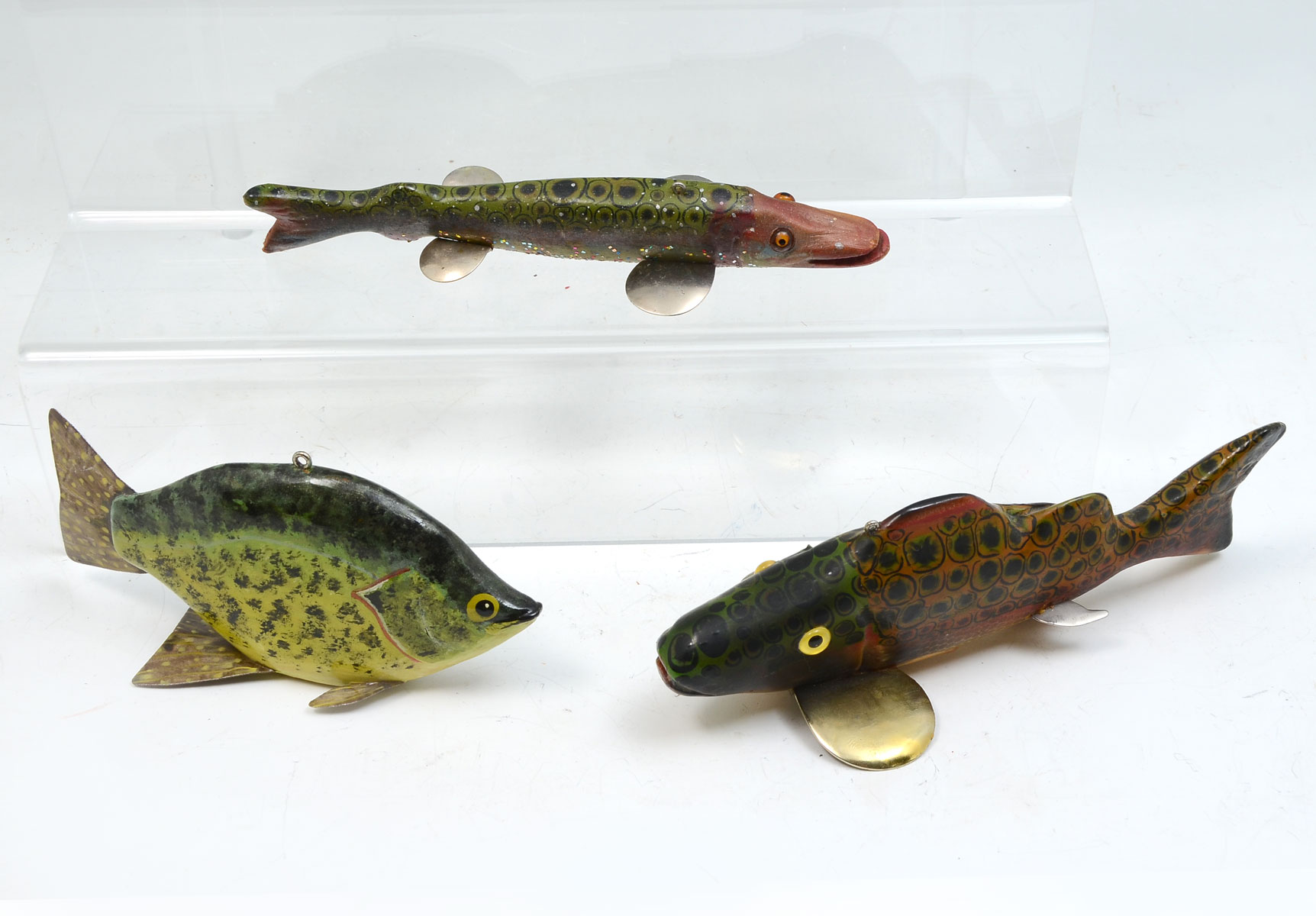 Appraisal: THREE HAND-CARVED AND PAINTED FISH DECOYS To Include Bluegill by