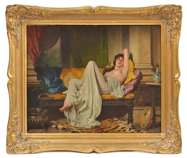 Appraisal: ARTIST UNKNOWN EUROPEAN SCHOOL Reclining Lady with Tambourine oil on