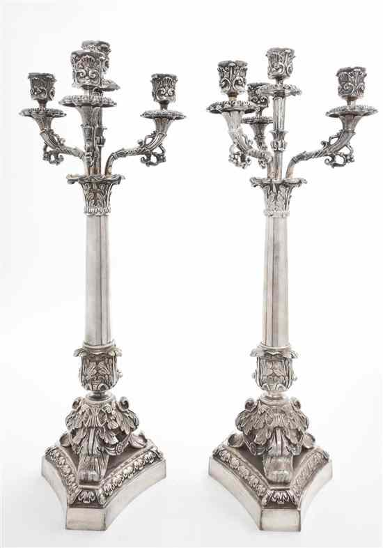 Appraisal: A Pair of Continental Silverplate Four-Light Candelabra each having a