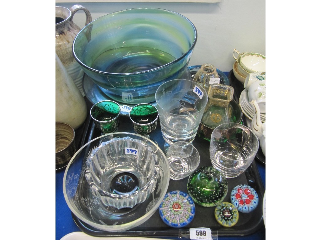 Appraisal: Tray lot of glassware - bowls paperweights commemorative goblet etc