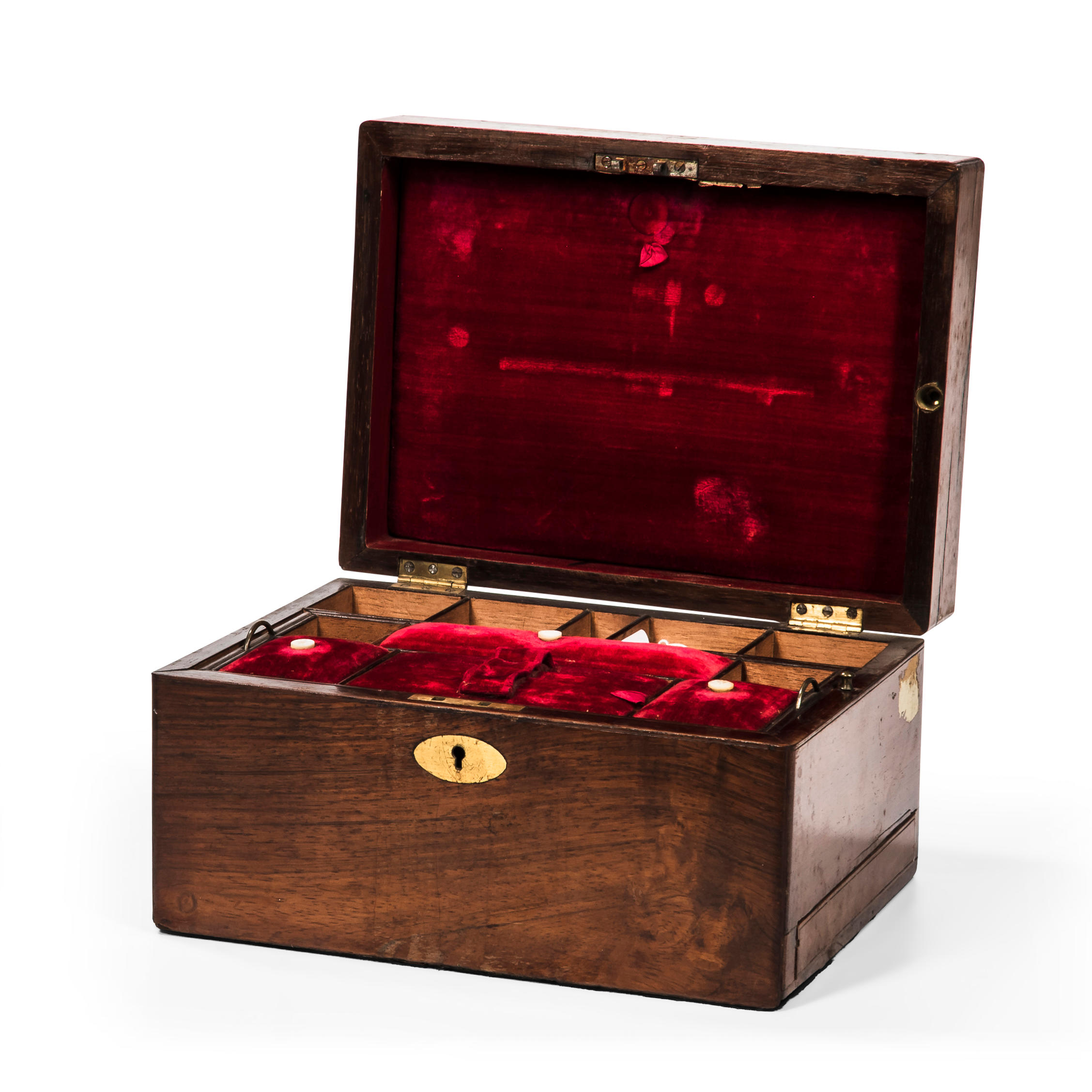 Appraisal: BRASS-BOUND CAMPHORWOOD WORK BOX opening to red velvet-lined compartments some