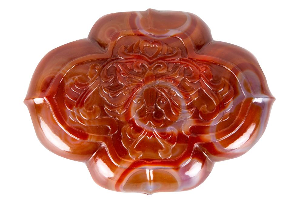 Appraisal: CHINESE CARVED CARNELIAN BOXthe top of the shaped box carved