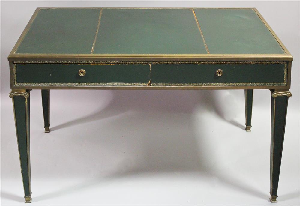 Appraisal: REGENCY STYLE TOOLED GREEN LEATHER AND BRASS WRITING DESK having