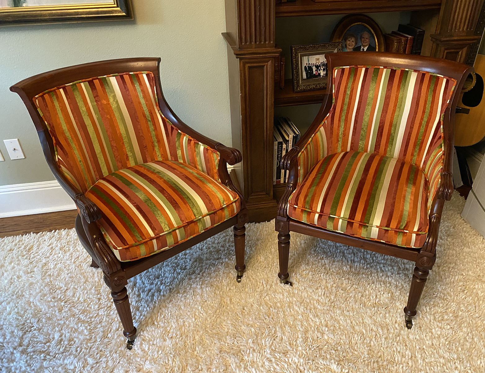 Appraisal: PAIR OF MAISON LIBRARY CHAIRS Pair of Maison armchairs upholstered