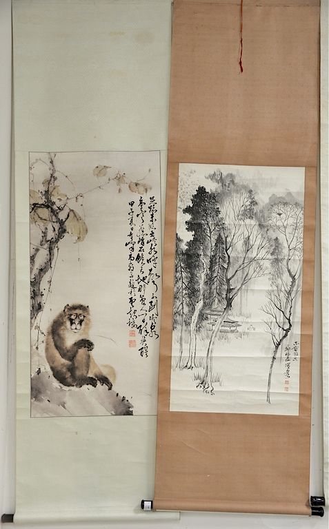 Appraisal: Two Oriental scrolls watercolors on paper including black and white