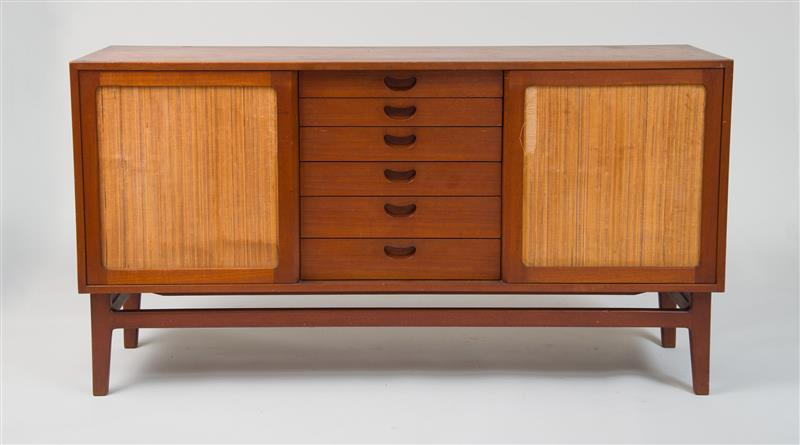 Appraisal: Credenza Danish c Teak grass cloth x x in Estimate