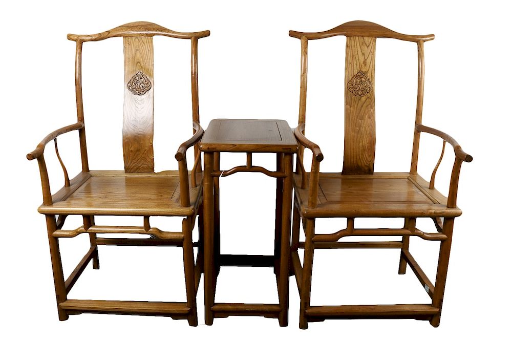 Appraisal: PAIR OF ELMWOOD ARMCHAIRS WITH SMALL TABLE TH C The