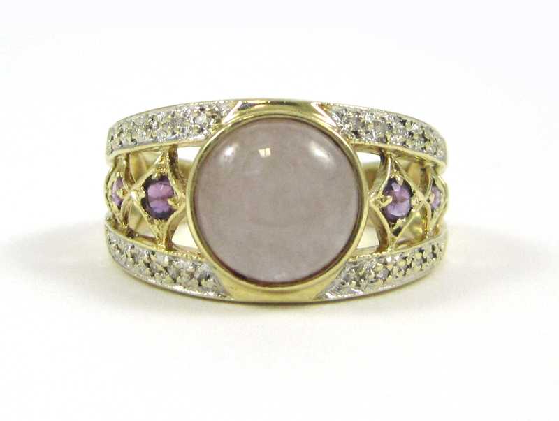 Appraisal: LAVENDER JADE AMETHYST AND DIAMOND RING The k yellow gold