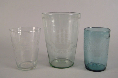 Appraisal: Three engraved flips including clear cornflower and pale green examples