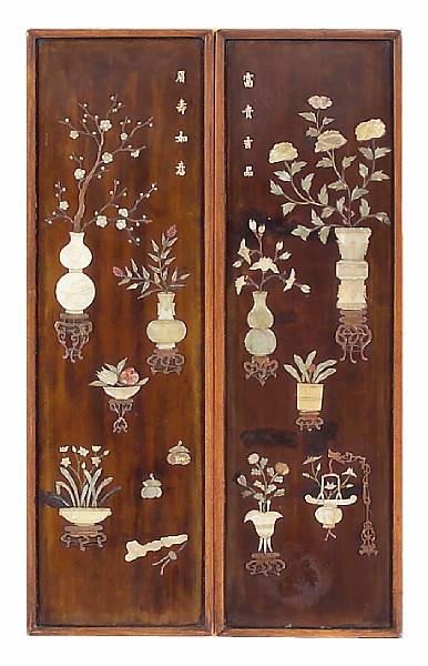 Appraisal: Two hardstone and glass-overlaid wood wall panels Late Qing Early