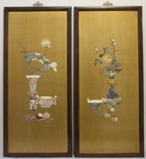 Appraisal: Pair of Lacquered Hardstone Inlaid Plaques Each plaque inset with