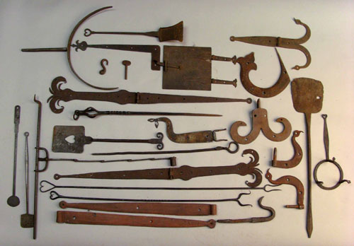 Appraisal: Group of wrought iron hinges hearth equipment etc