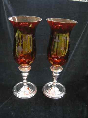 Appraisal: Pair of Sterling Silver Hurricane Lamps etched ruby flashed globes