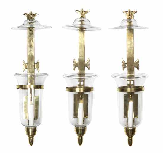 Appraisal: Three Brass Sconces having blown glass shades with flaring mouth