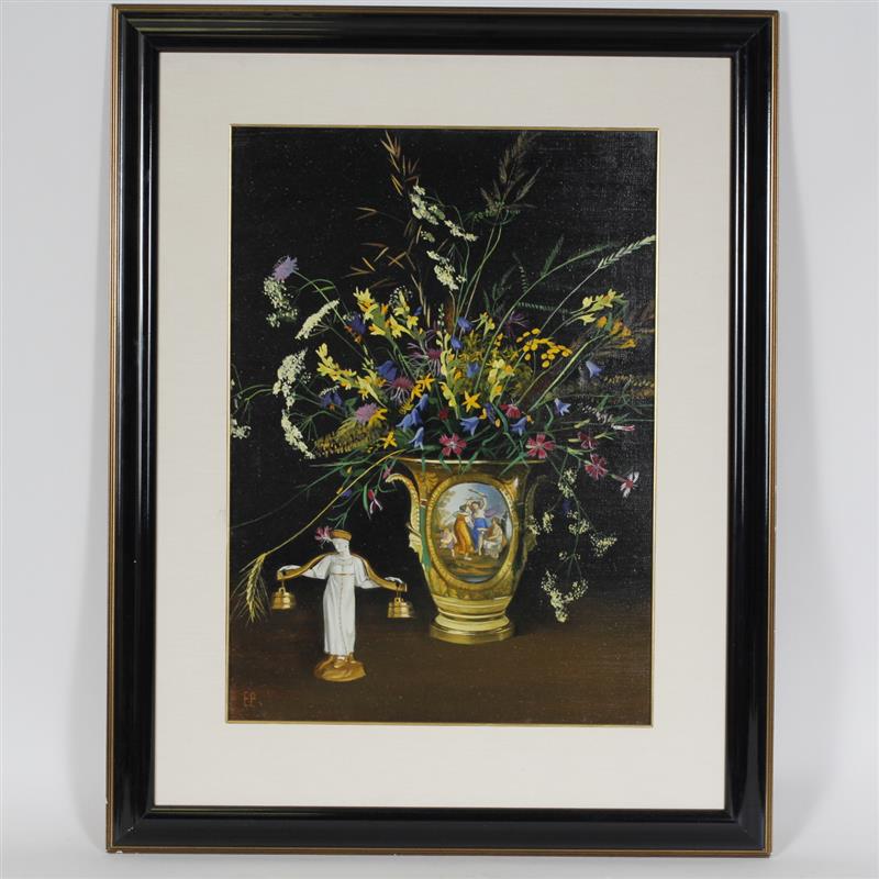 Appraisal: Elena Borisovna Romanovafloral still lifeOil on canvaswith porcelain vase and