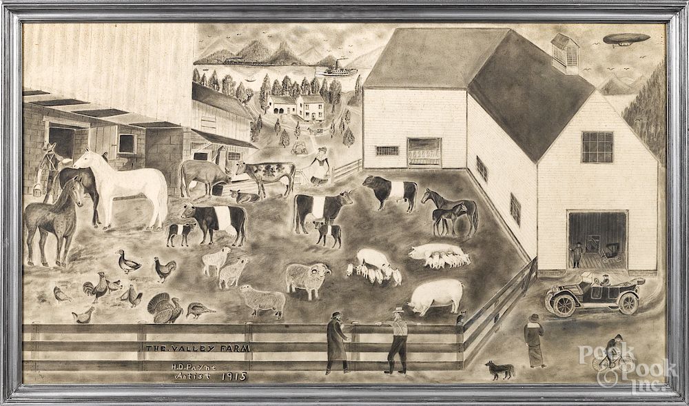 Appraisal: Folk art charcoal farmstead Folk art charcoal farmstead dated inscribed