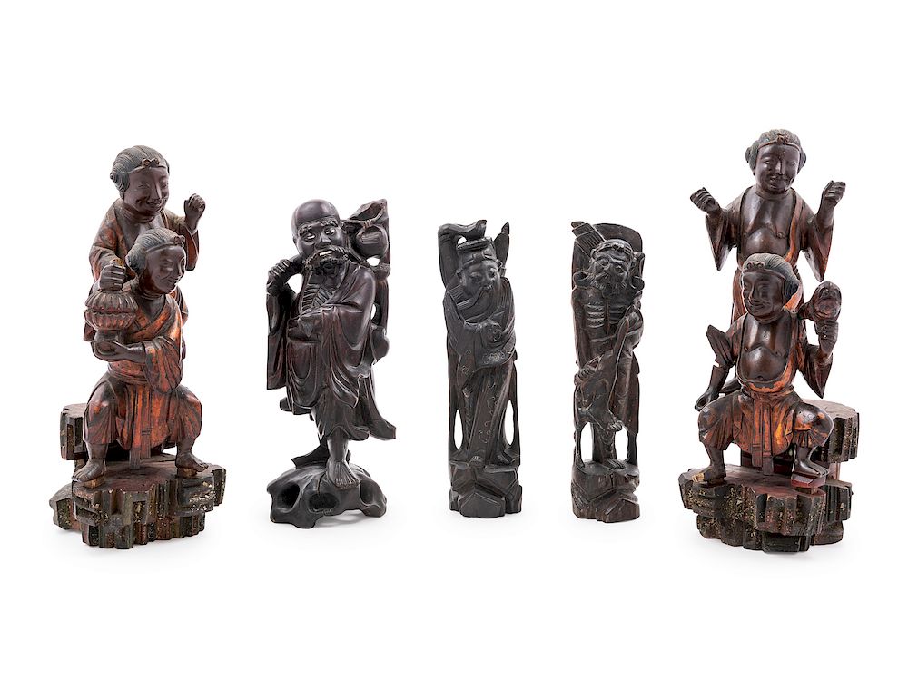 Appraisal: Five Chinese Carved Wood Figures Largest height in cm Five