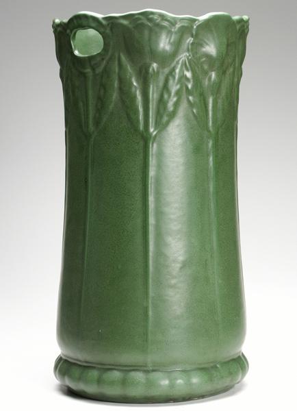 Appraisal: WELLER Matt Green umbrella stand with tall flowers Unmarked x