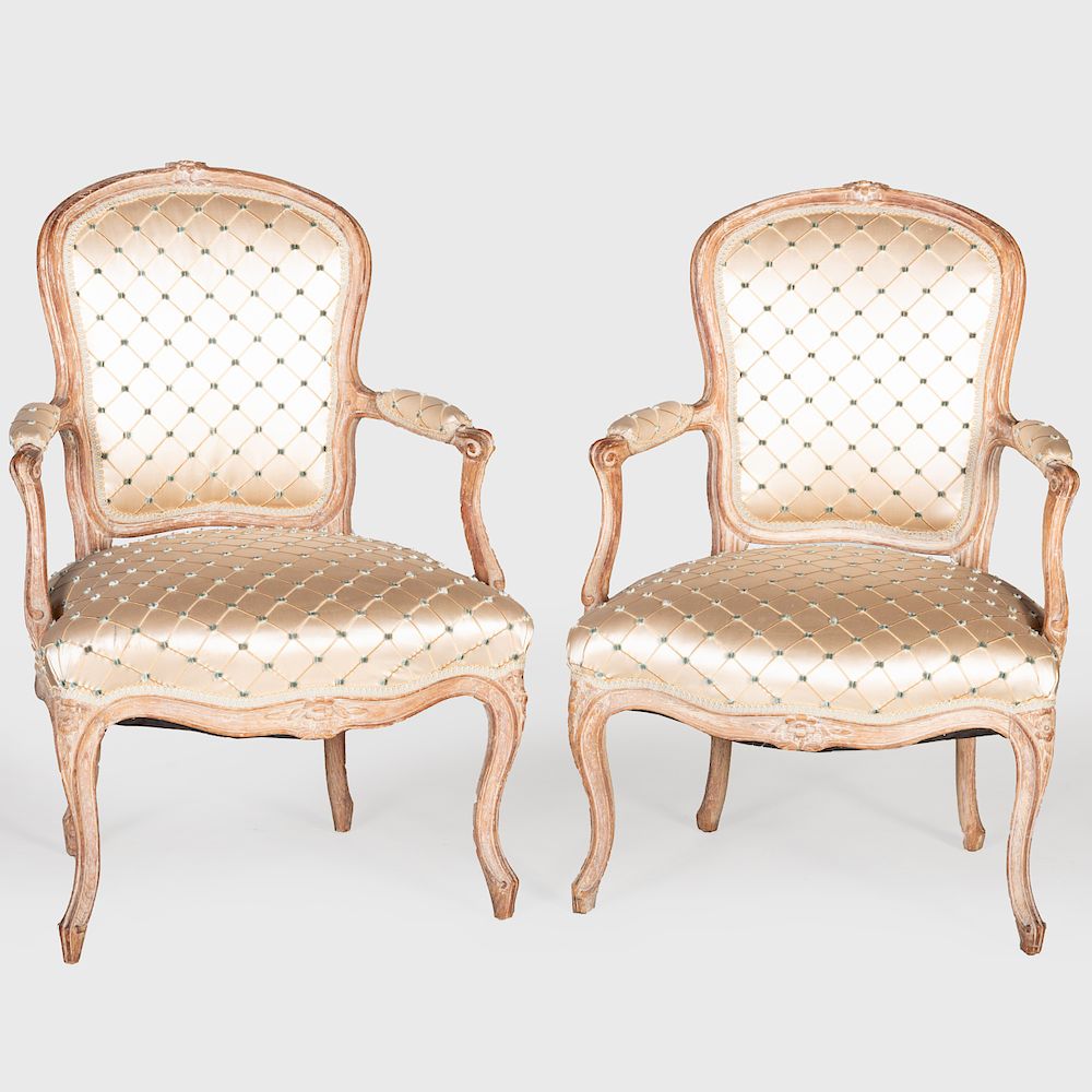 Appraisal: Pair of Louis XV Bleached Beechwood Fauteuils en Cabriolet x