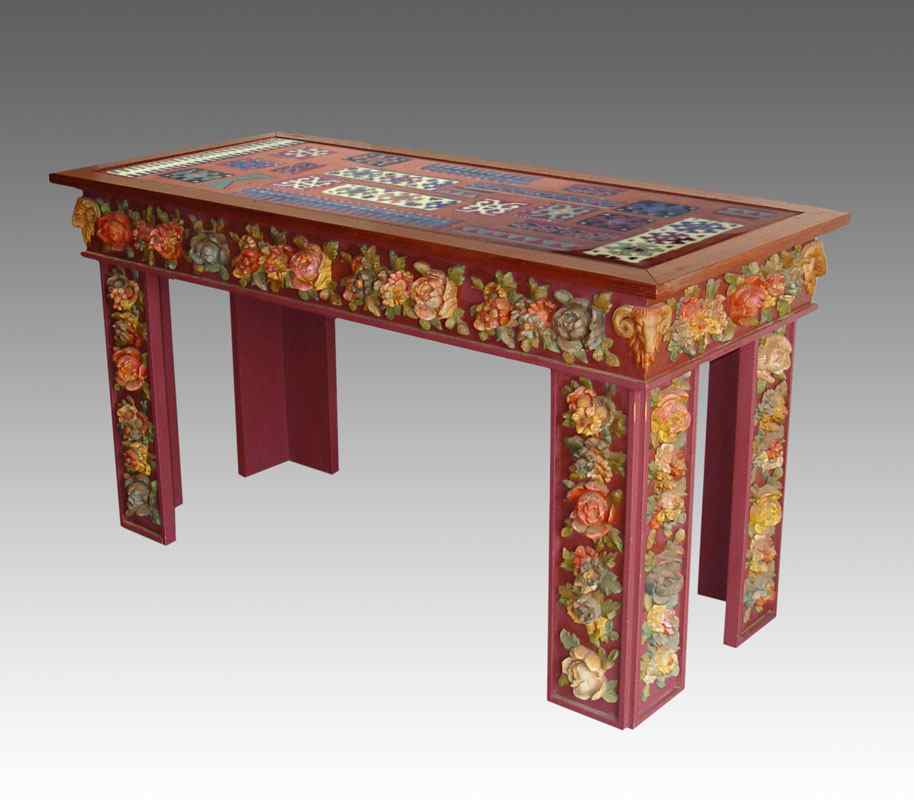 Appraisal: HAND CRAFTED POLYCHROME CARVED CONSOLE TABLE Unique with applied ''