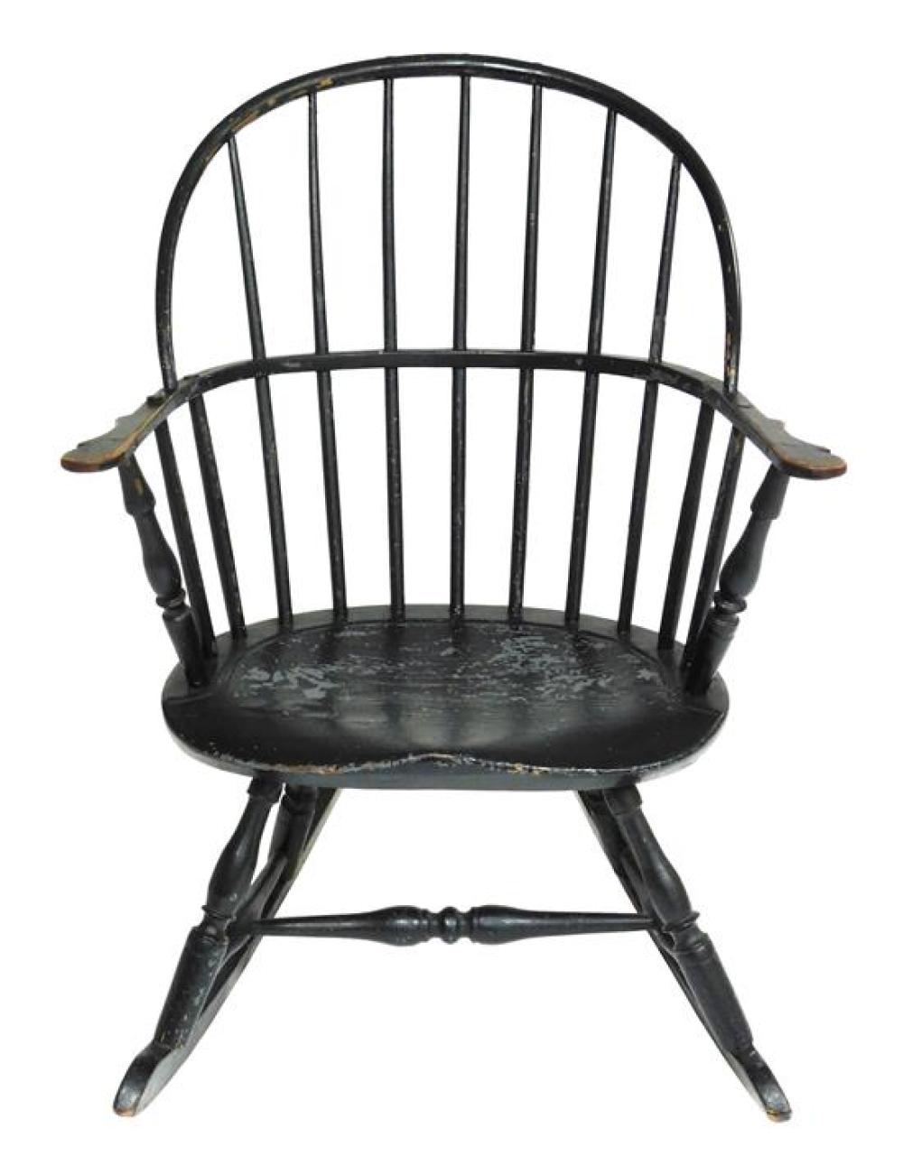 Appraisal: Early Windsor armchair black over grey painted finish bentwood sack