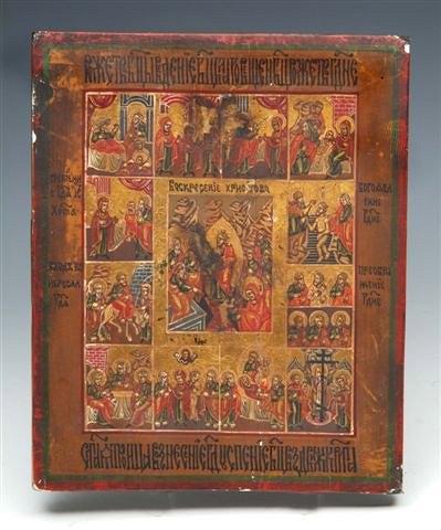 Appraisal: AN ANTIQUE RUSSIAN ICON on a pine panel depicting thirteen