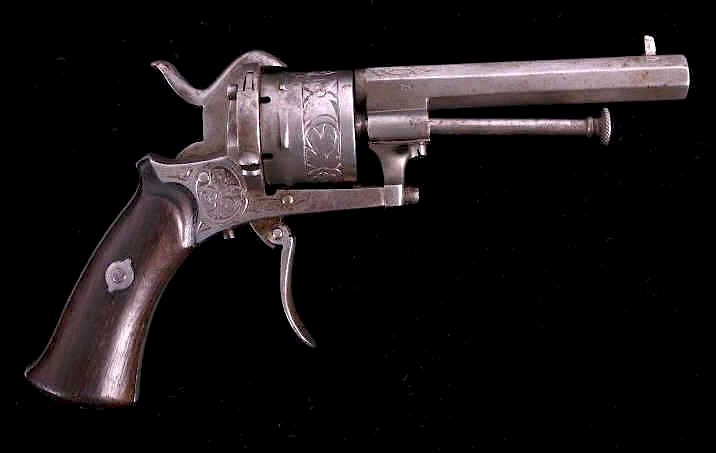 Appraisal: Engraved Belgian Folding Trigger Pinfire Revolver For your consideration is